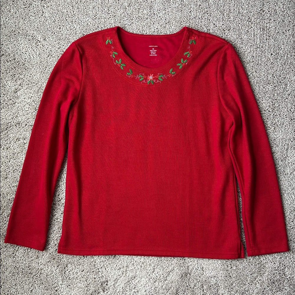 Holiday Christmas Red Holly Embroidered Top